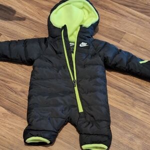 Nike Black and Neon Green Kids Puffer One-Piece Footie